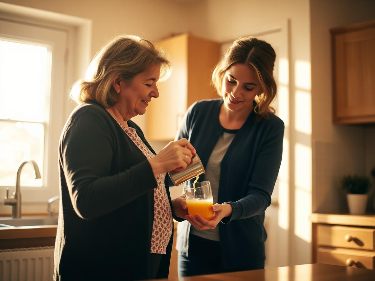 A caregiver pouring juice for an elder in a sunlit kitchen