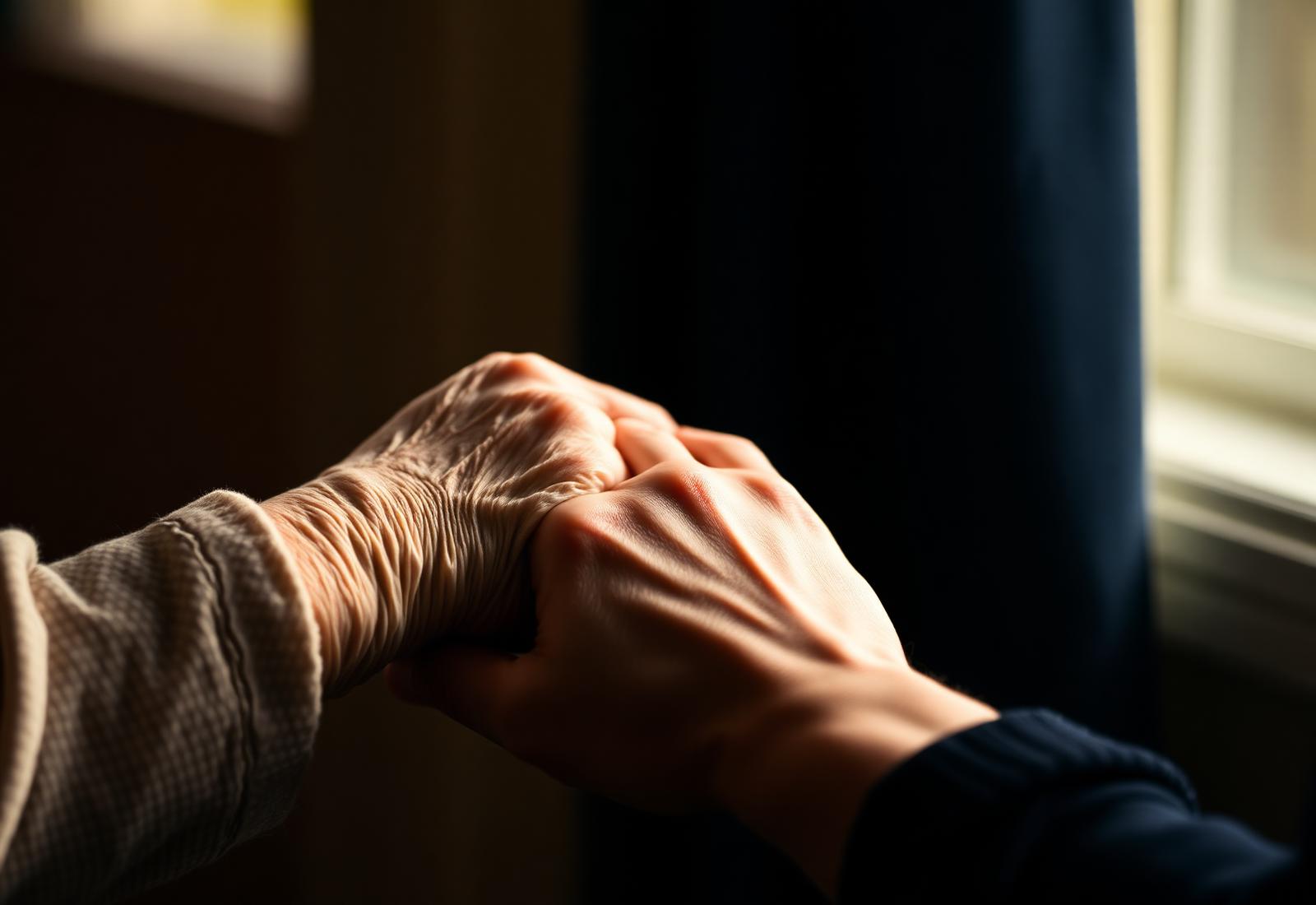 A caregiver tenderly holding the hand of an elder